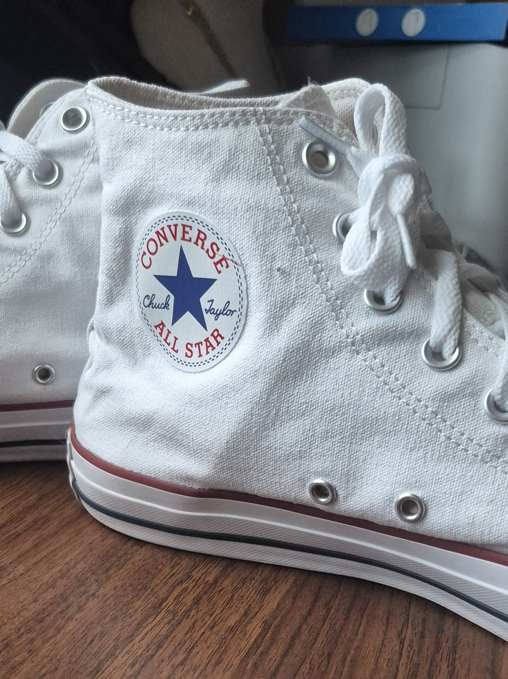 Converse White High Top Sneakers with Red & Blue Accents